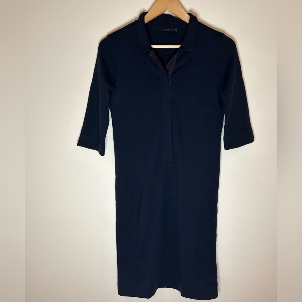 COS  100% wool Shirt Dress Women's Navy Blue  Half  button  size xs - Picture 3 of 9
